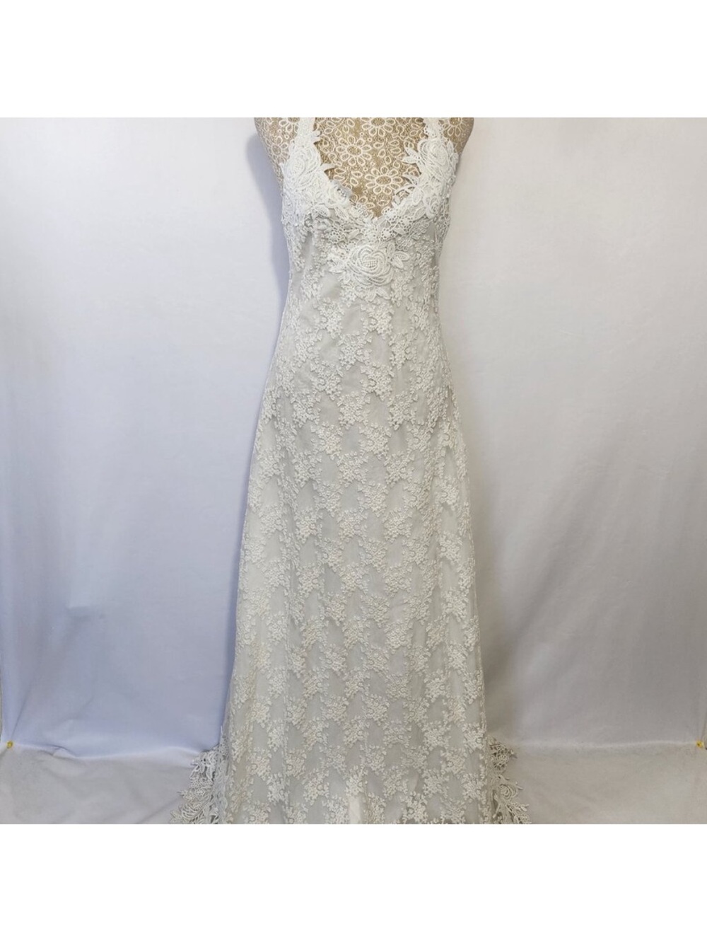Foxiedox Women SZ S White Floral Embroidered Lace Halter Side Zip Wedding Gown